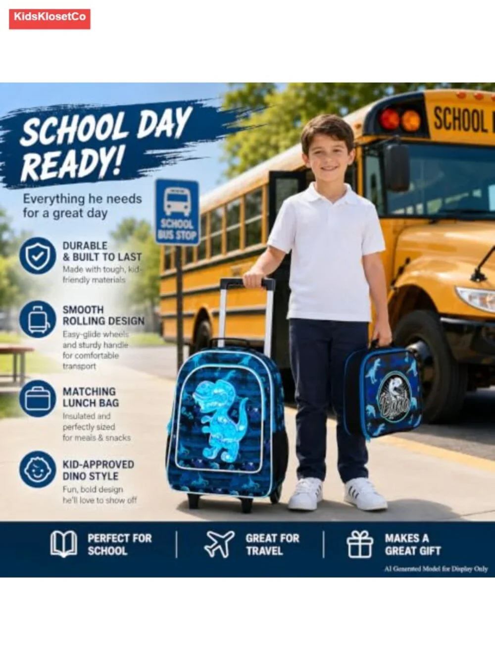 Rolling Backpack for Boys, Wheeled Bookbag with Lunch Box and Pencil Case, Kids